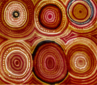 A painting of six circles in brown and ochre colours, with lines and dots
