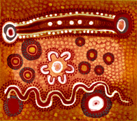 A painting of brown and ochre colours, with white dots at the top, small circles in the middle, a wavy line, like a snake at the bottom. 