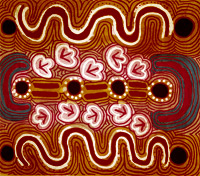 A painting of red and brown wavy lines. Large wavy lines are at the top and bottom of the painting. In the middle there are shapes like footprints of a bird going one way and then the other. 