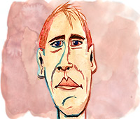 Ilustración de un hombre. Tiene la cara delgada, los ojos muy juntos y la boca delgada. Su cara no es simétrica. No está sonriendo.