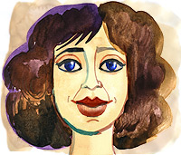 Ilustración de una mujer. Tiene la cara redonda y los ojos grandes. Su cara es simétrica. Está sonriendo.