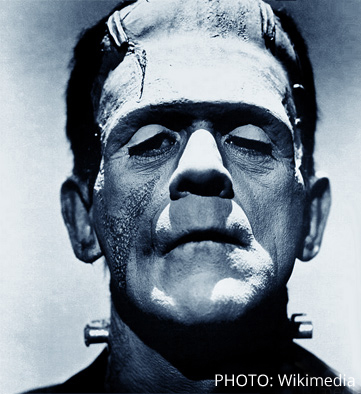 A movie still photo of Frankenstein. 