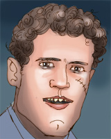 An illustration of a man's face. He has thin eyebrows, a heavy jaw, pointed teeth and a scar on his left cheek. 