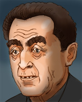 An illustration of a man's face. He has bushy eyebrows, thin lips and a hooked nose. His face is wrinkled and he is missing teeth.