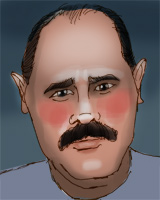 An illustration of a man's face. He has pink cheeks, a moustache, pointed ears, a high forehead and thinning hair. 
