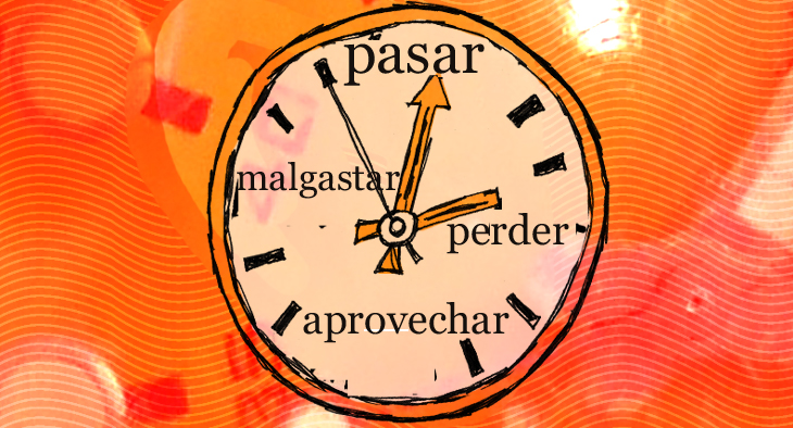 Imagen de un rejoj. En el interior se leen las palabras: pasar, perder, aprovechar, malgastar.